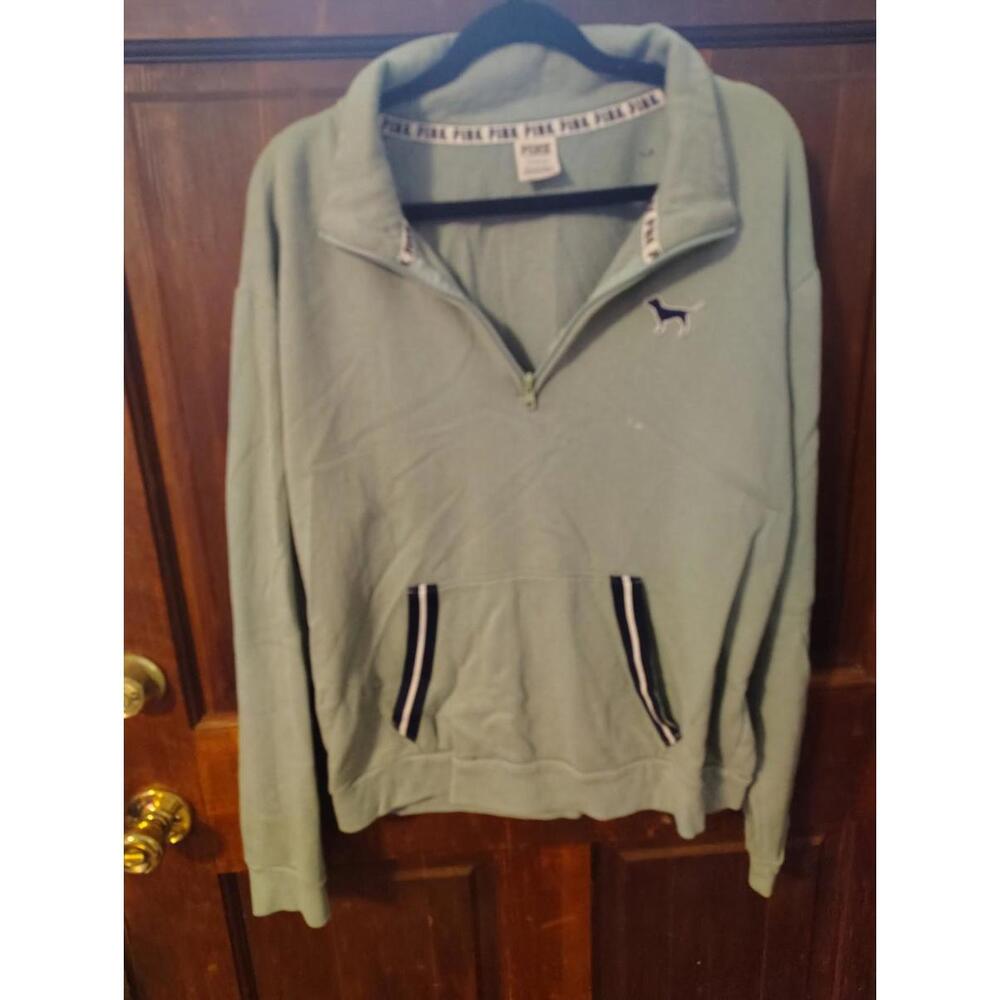 Pink Sweater Womens Large Green Black Dog Victoria Secret Outdoor Zip Sweatshirt